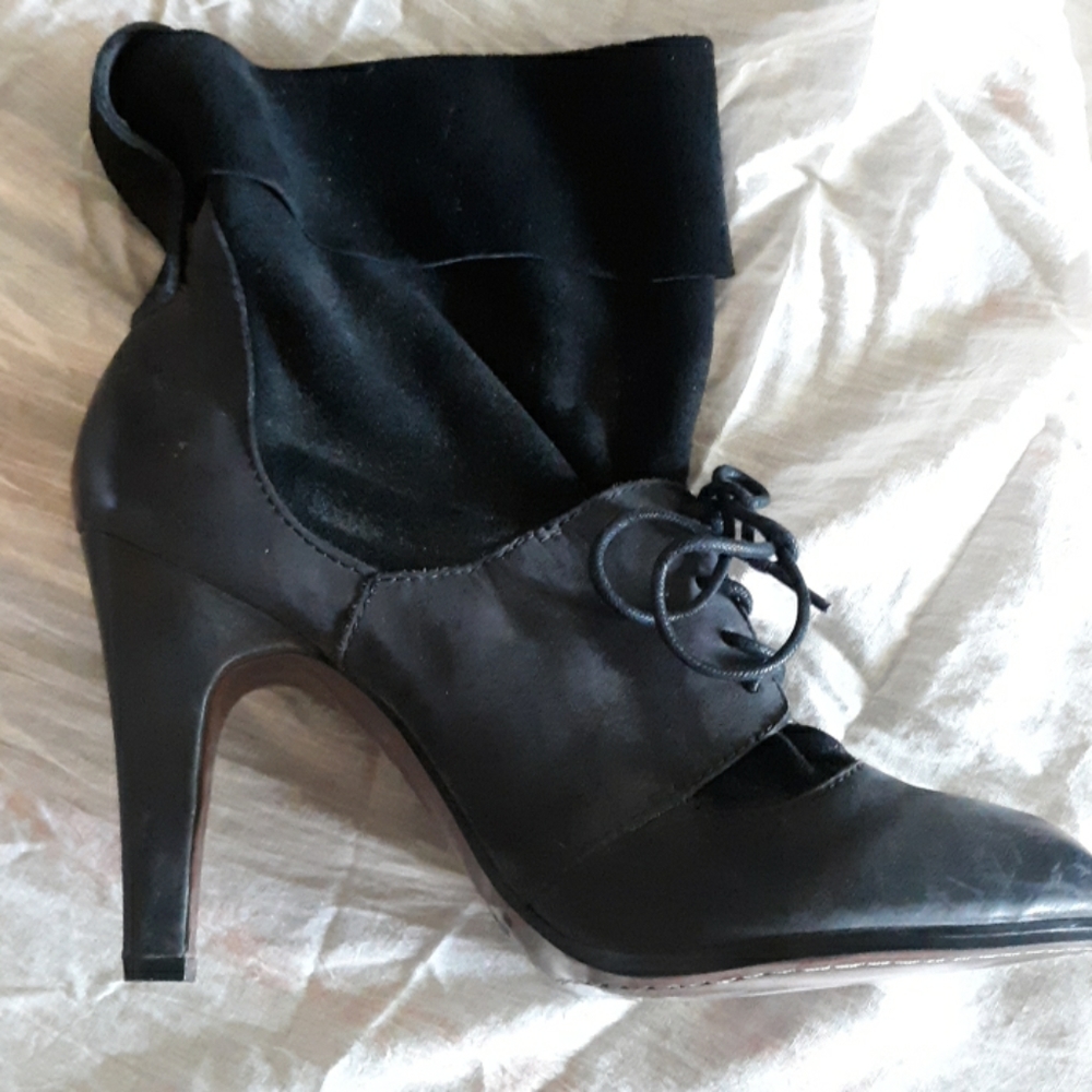 Black suede and leather high heeled boots